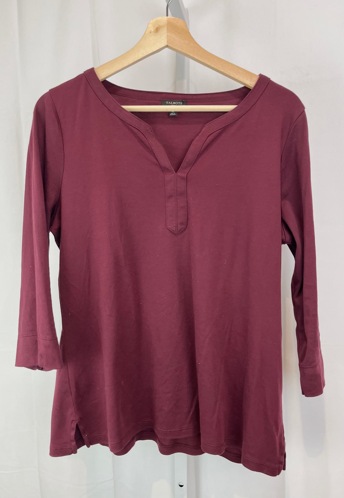 Talbots Size Petite L Pl Split V-Neck 3/4 Sleeve Knit Top Cotton Modal Wine Red